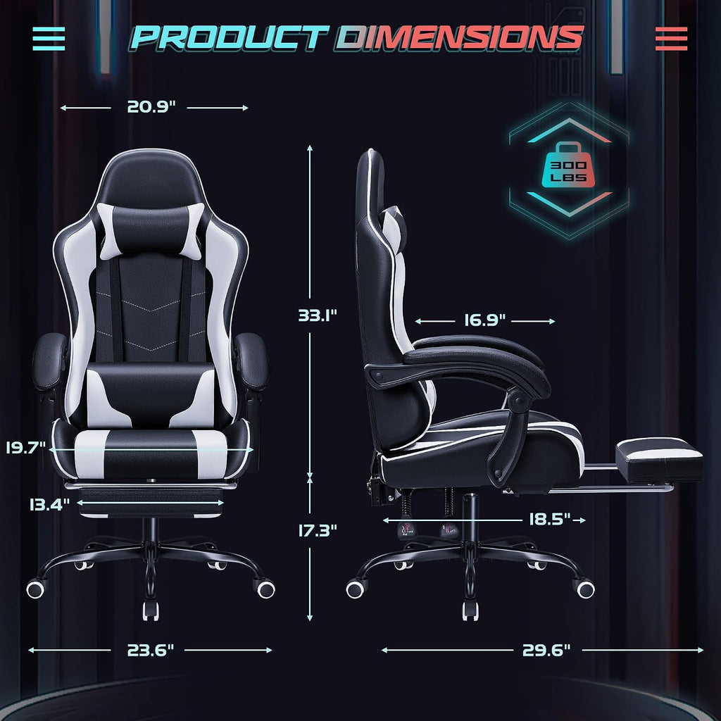 JUMMICO Gaming Chair Ergonomic Computer Chair with Footrest and Massage Lumbar Support, Height Adjustable Video Gaming Chair with 360° Swivel Seat and Headrest (White)