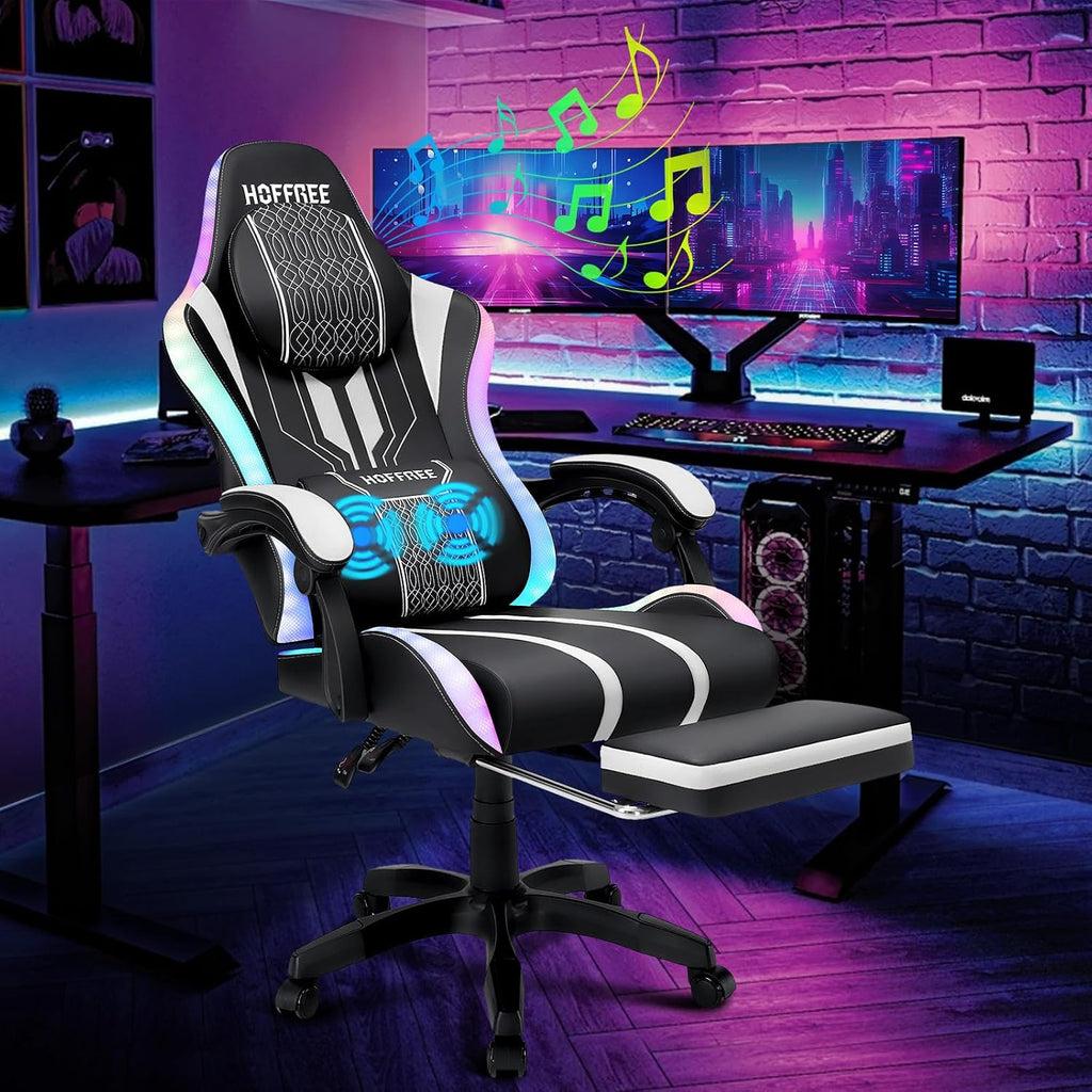 HOFFREE LED Gaming Chair with Speakers Massage Big and Tall Computer Chair with RGB Lights Bluetooth Game Chair with Footrest High Back Gaming Chairs for Adults 400lbs White and Black