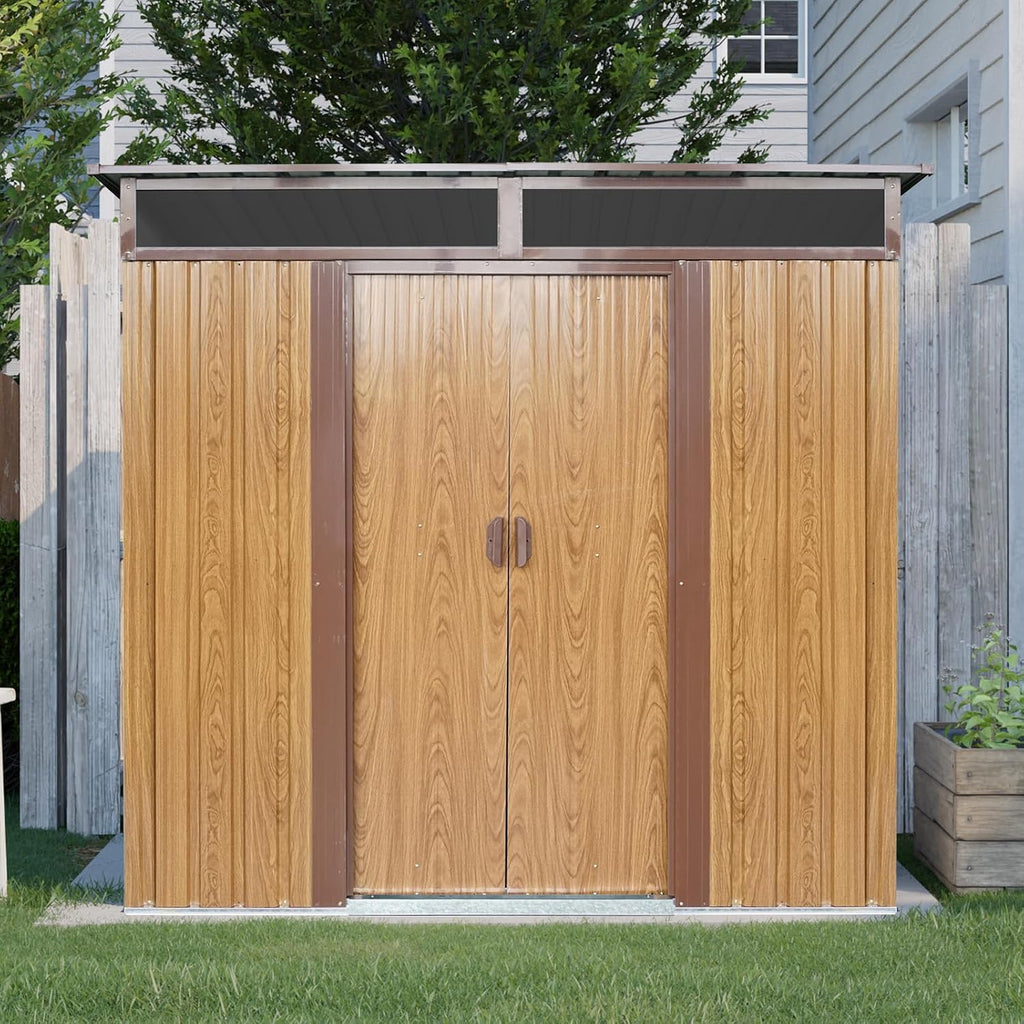 JT 6X4.5FT Outdoor Storage Shed, Galvanized Metal Garden Shed with Window and Metal Foundation, Tool Storage Shed for Patio Lawn Backyard (Coffee-with The window-6ftx4.5ft)