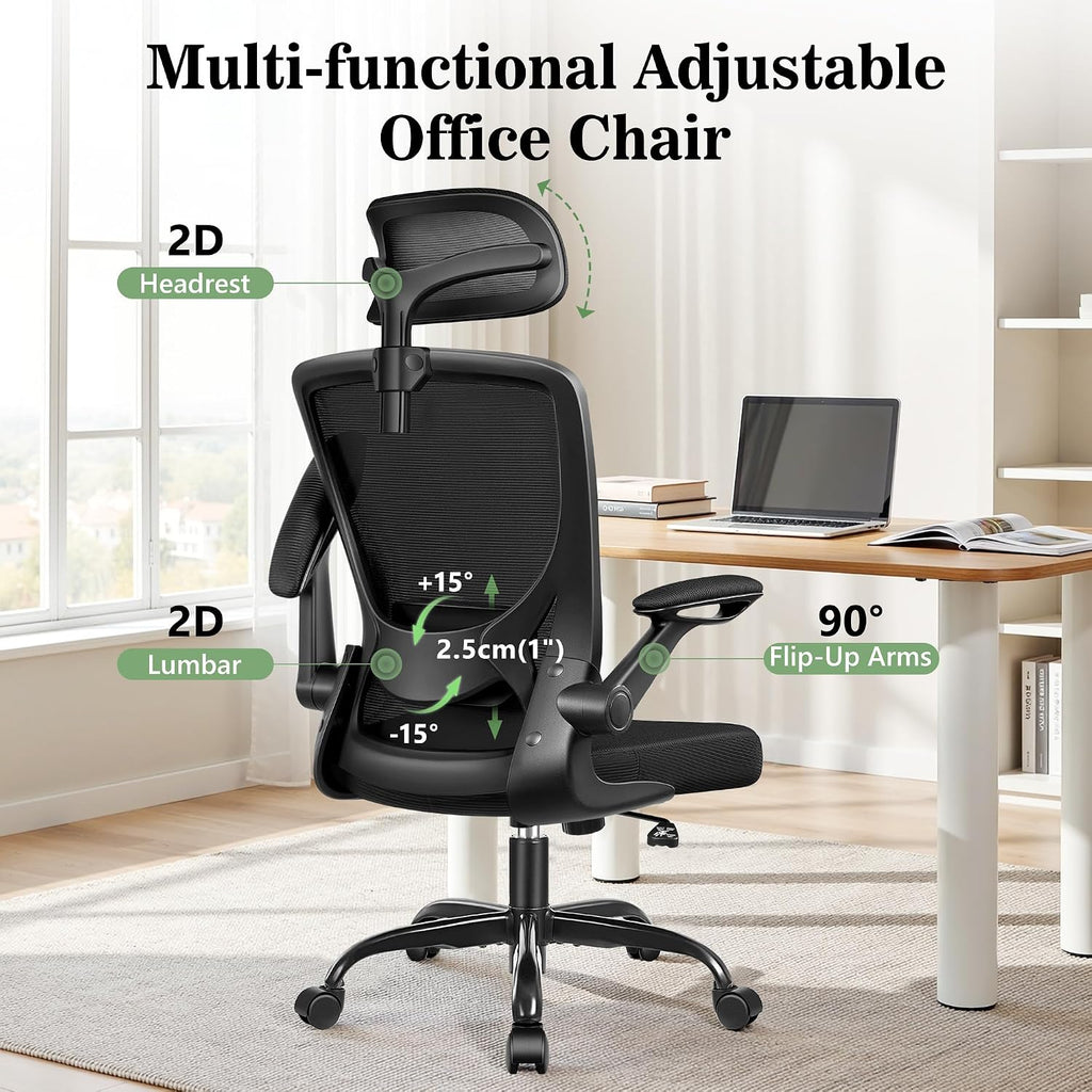 BESTFAIR Office Chair Ergonomic Desk Chair, Breathable Mesh Office Chairs with Adjustable Lumbar Support, Flip-Up Arms, Computer Desk Chair Comfy for Home Office, 4 Pack