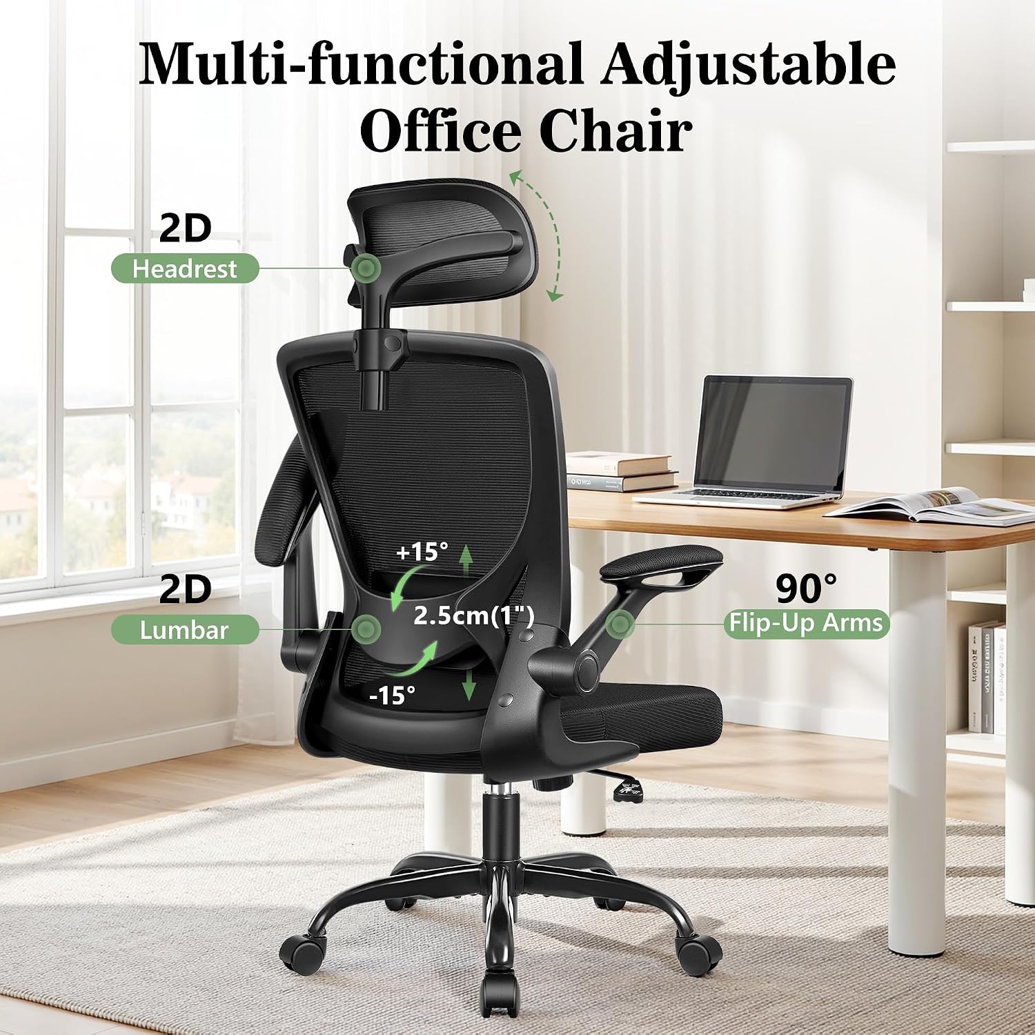 BESTFAIR Office Chair Ergonomic Desk Chair, Breathable Mesh Office Chairs with Adjustable Lumbar Support, Flip-Up Arms, Computer Desk Chair Comfy for Home Office, 4 Pack