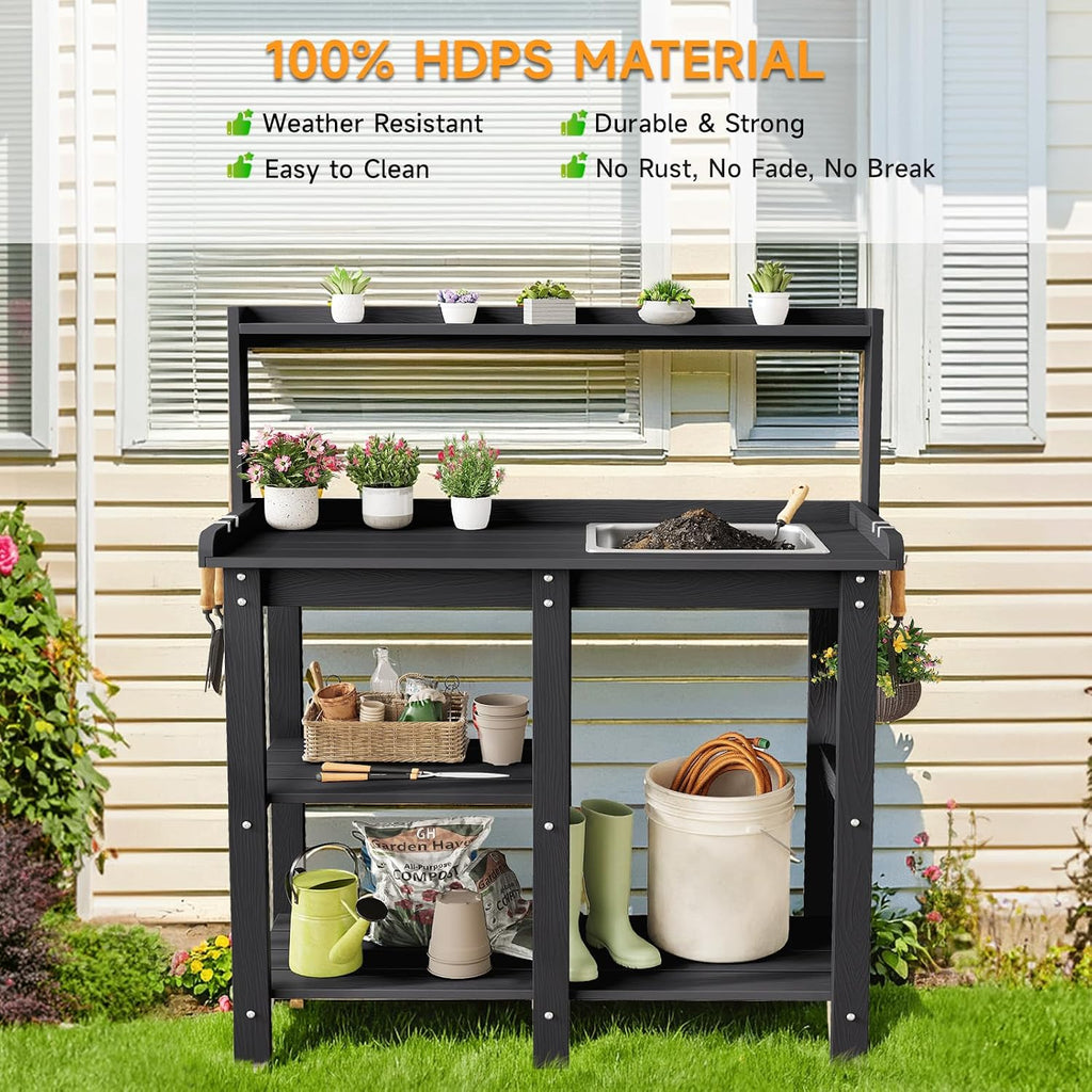ONBRILL Potting Bench, Outdoor Potting Bench Table with Removable Sink, HDPS Potting Benches for Outside, Garden Table with Storage Shelves & 4 Side Hooks, No Rot, No Fade, No Break, 360lbs Capacity