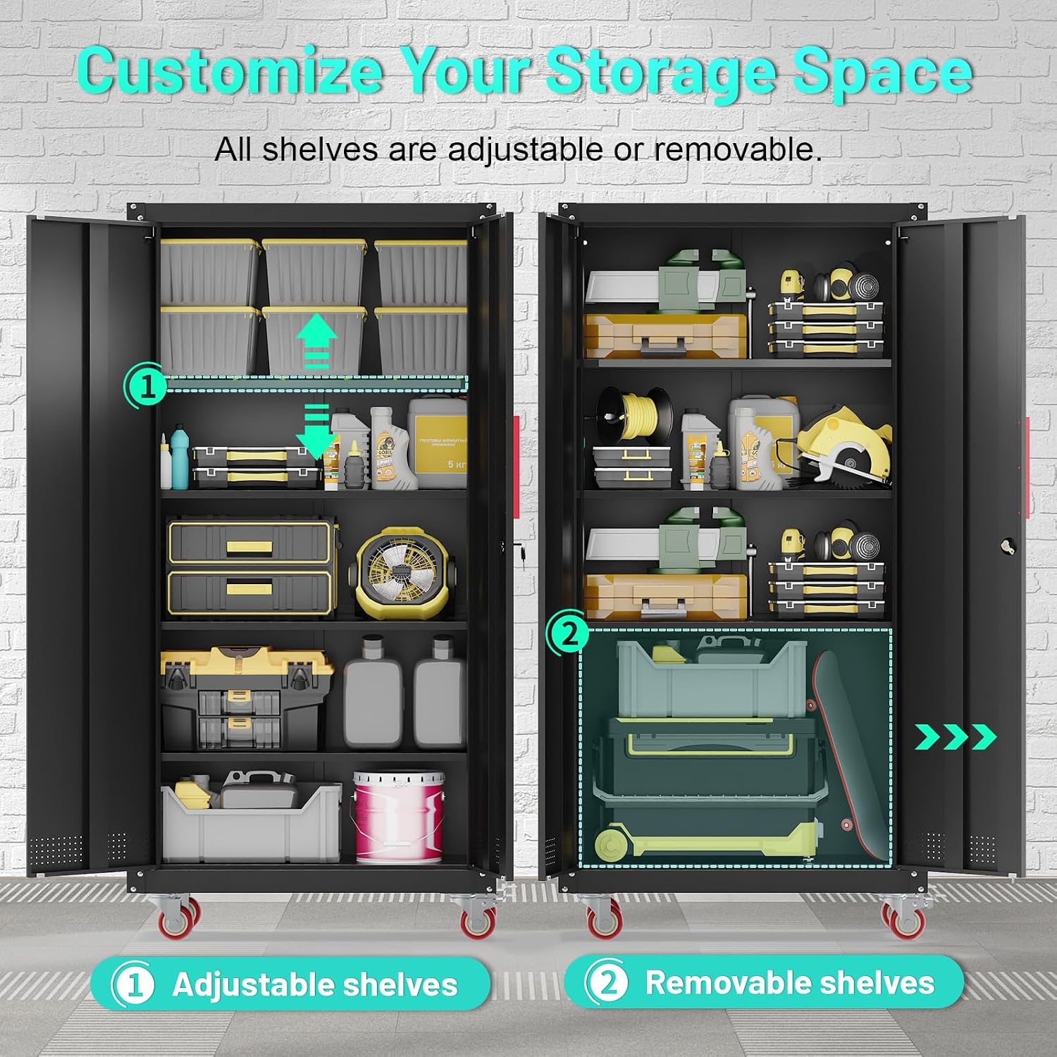 Eltean Metal Garage Cabinets with Wheels| 71' Steel Lockable Garage Storage Cabinet with 4 Adjustable Shelves, Heavy-Duty Tool Storage Cabinet for Home, Basement, Workshop (Black)