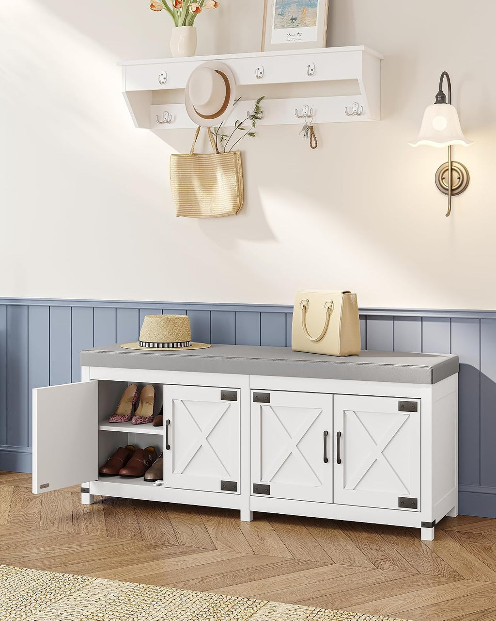 Hzuaneri Shoe Storage Bench, 2 Tier Shoe Bench with Padded Seat Cushion & 4 Barn Doors, Entryway Bench with Adjustable Shelf, Farmhouse Shoe Cabinet for Living Room, Bedroom, White SB31203GY
