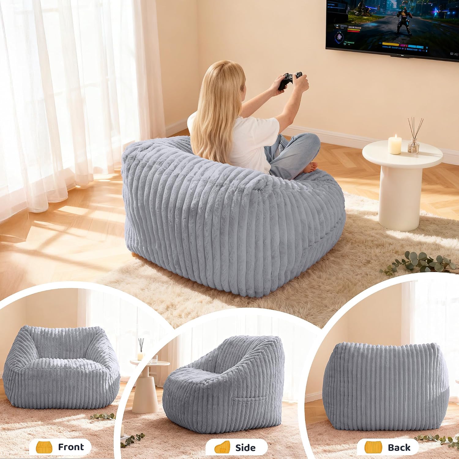 HABUTWAY Bean Bag Chair, Giant Bean Bag Chairs for Adults and Kids, Bean Bag Sofa, Lazy Floor Sofa, Faux Fur Beanbag Chair with Armrests for Living Room Bedroom (Grey)