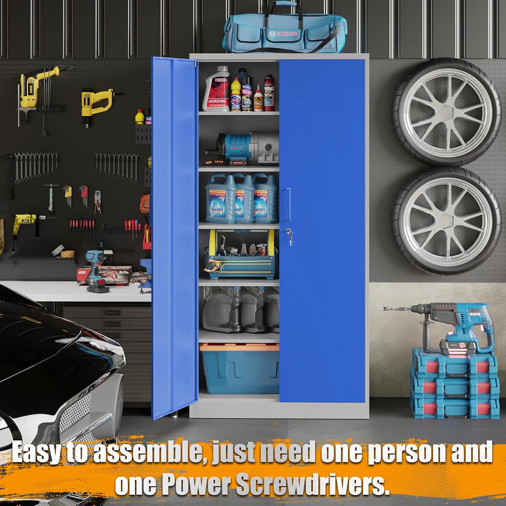 STANI Metal Garage Storage Cabinet with Lock, 71' Steel Lockable File Cabinet, Locking Steel Storage Cabinet with 5 Adjustable Shelves for Home, Office, Garage, Warehouse (Blue Grey, 2 Door - 71' H)
