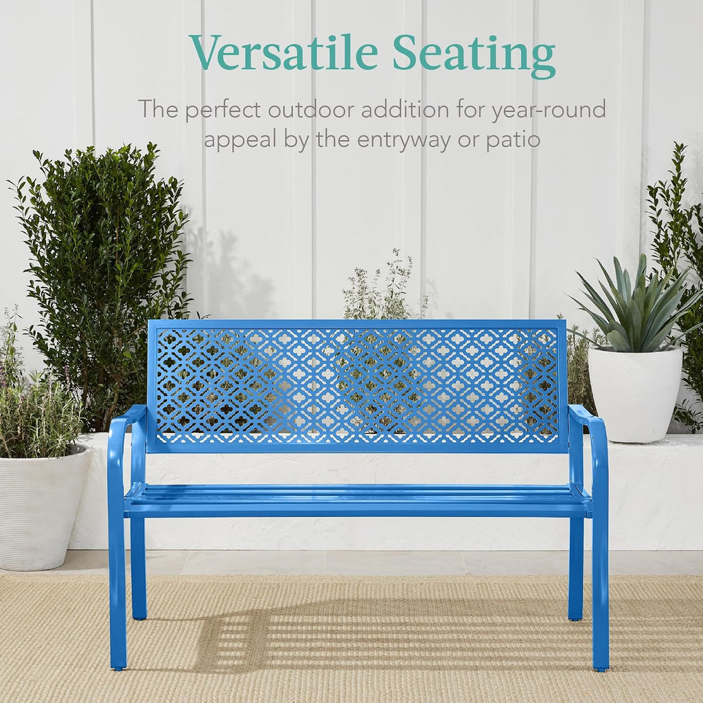 Best Choice Products Outdoor Bench 2-Person Metal Steel Benches Furniture for Garden, Patio, Porch, Entryway w/Geometric Backrest, 790lb Capacity - Ocean Blue