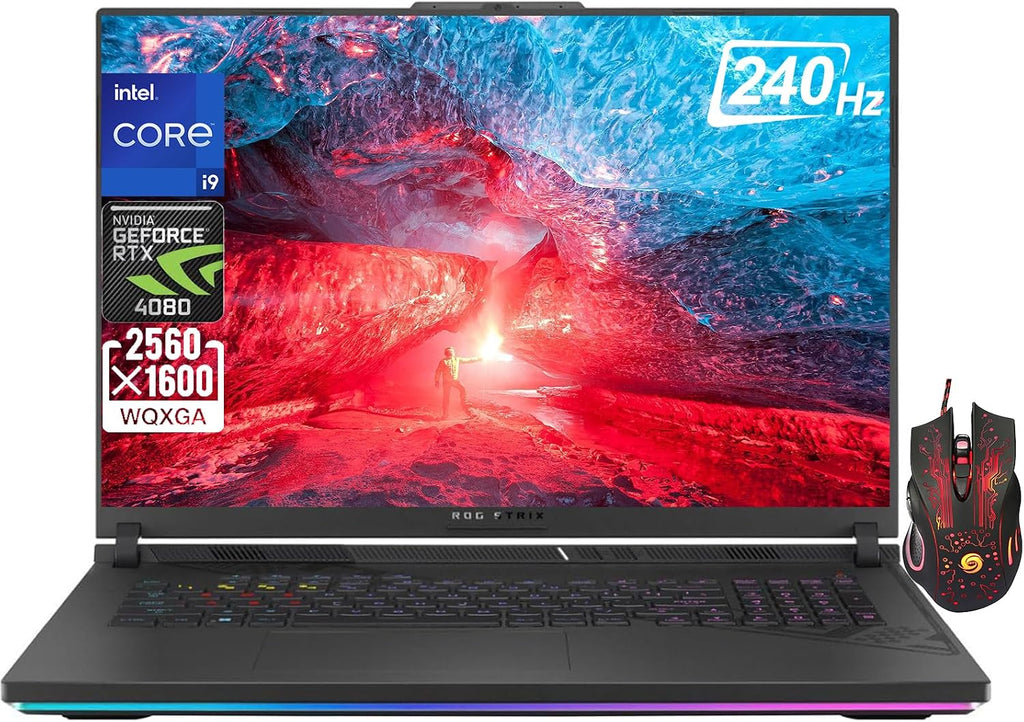 ASUS 2023 Newest ROG Strix Gaming Laptop, 18' QHD 240Hz Display, Intel Core i9-13980HX, NVIDIA GeForce RTX 4080, 16GB DDR5 RAM, 1TB SSD, Backlit Keyboard, Windows 11 Home, with Gaming Mouse