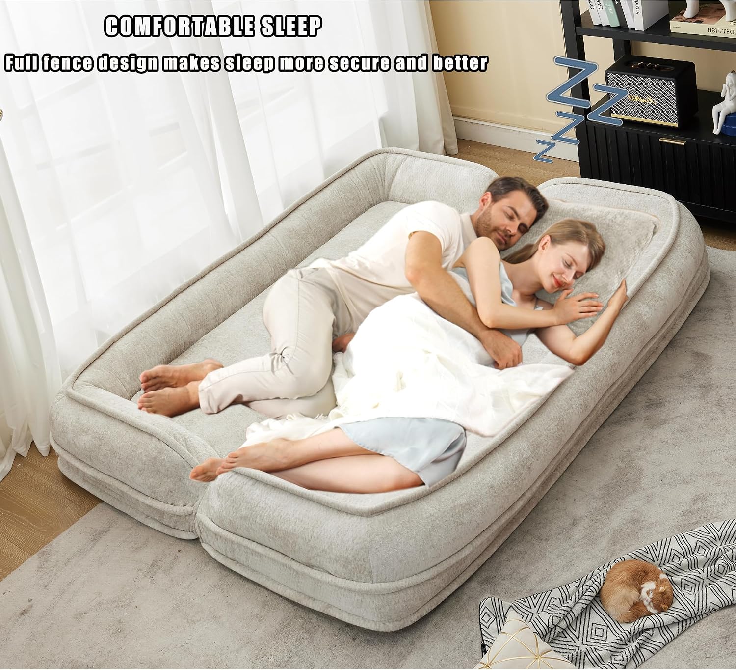 71'' Human Dog Bed, Upholstered Lounge Loveseat Chair, Floor Chair with Back Support, 5 Adjustable Position Folding Sofa Bed for Adults & Pets, Lazy Sofa Bed for Living Room, Game Room, Beige