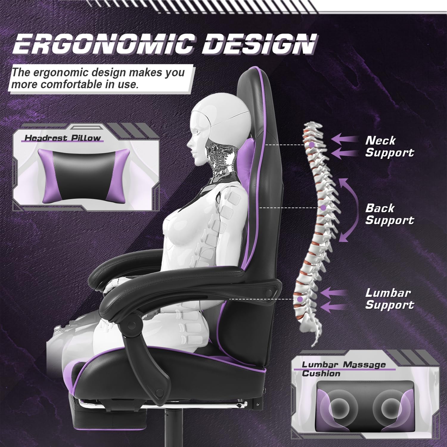 Shahoo Gaming Chair with Footrest and Massage Lumbar Support, Computer Chairs, Video Racing Seat Height Adjustable with 360°Swivel and Headrest for Office or Bedroom, Purple