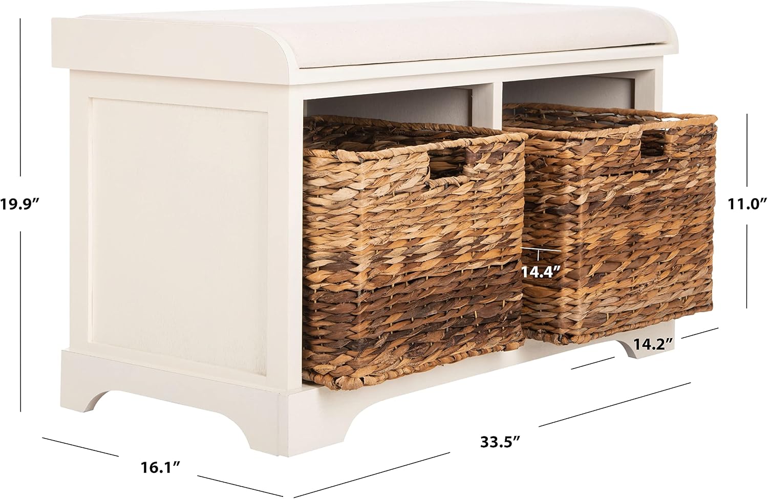 SAFAVIEH Home Collection – Freddy Vintage White Storage Bench with Wicker Baskets & Cushion, Entryway Seating Bench, Fully Assembled (AMH5736D)