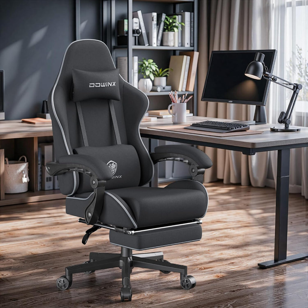 Dowinx Gaming Chair Fabric Big and Tall with Pocket Spring Cushion, Massage Game Chair Cloth with Headrest, Ergonomic Computer Chair with Footrest 350LBS, Black