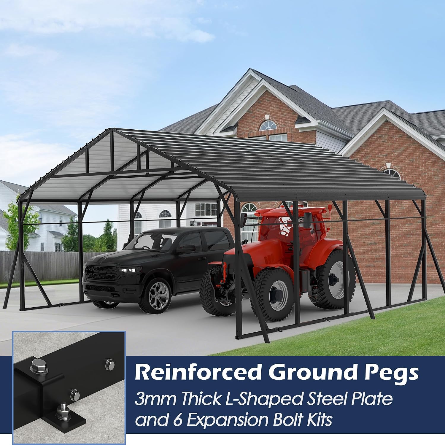 Xilingol Metal Carport, Heavy Duty Carport Canopy with Galvanized Steel Frame and Roof, Outdoor Storage Shed, Car Tent Garage Shelter for Pickup, Truck, Boat and Tractor (20x20 FT Black)