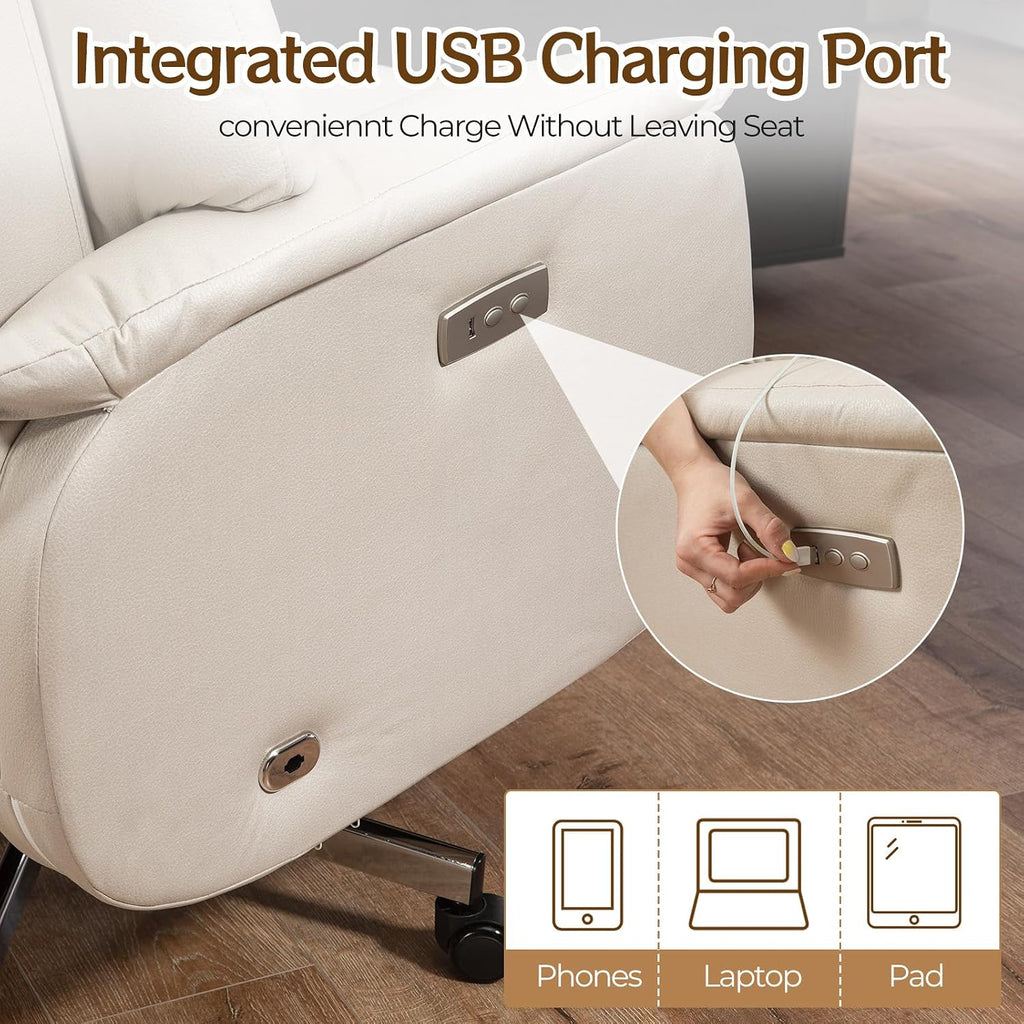 ECOTOUGE Electric Office Chair with USB Charging, Recliner Executive Office Chair with Footrest, Big and Tall High-Back Computer Chair, 400LBS Weight Capacity, Microfiber, Beige