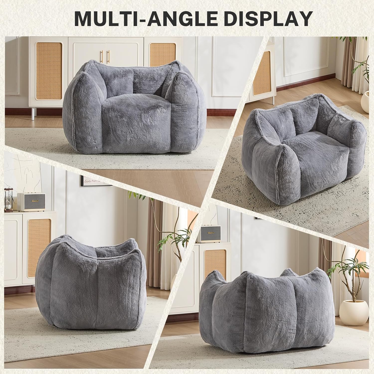 Giant Bean Bag Chair, Comfy Large Bean Bag Chairs for Adults and Kids, Fluffy Faux Rabbit Fur Floor Sofa for Living Room Bedroom Apartment, Grey
