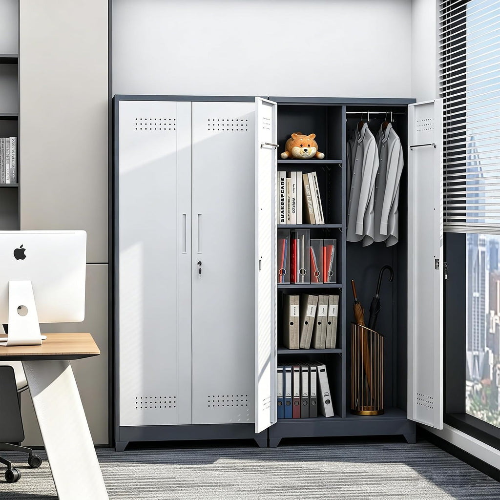 Metal Storage Cabinet 72' Tall, Garage Storage Cabinet with Lockable Doors & Shelves, Utility Broom Closet, Steel Tool Cabinet for Garage, Laundry Room, Home Office, Grey/White