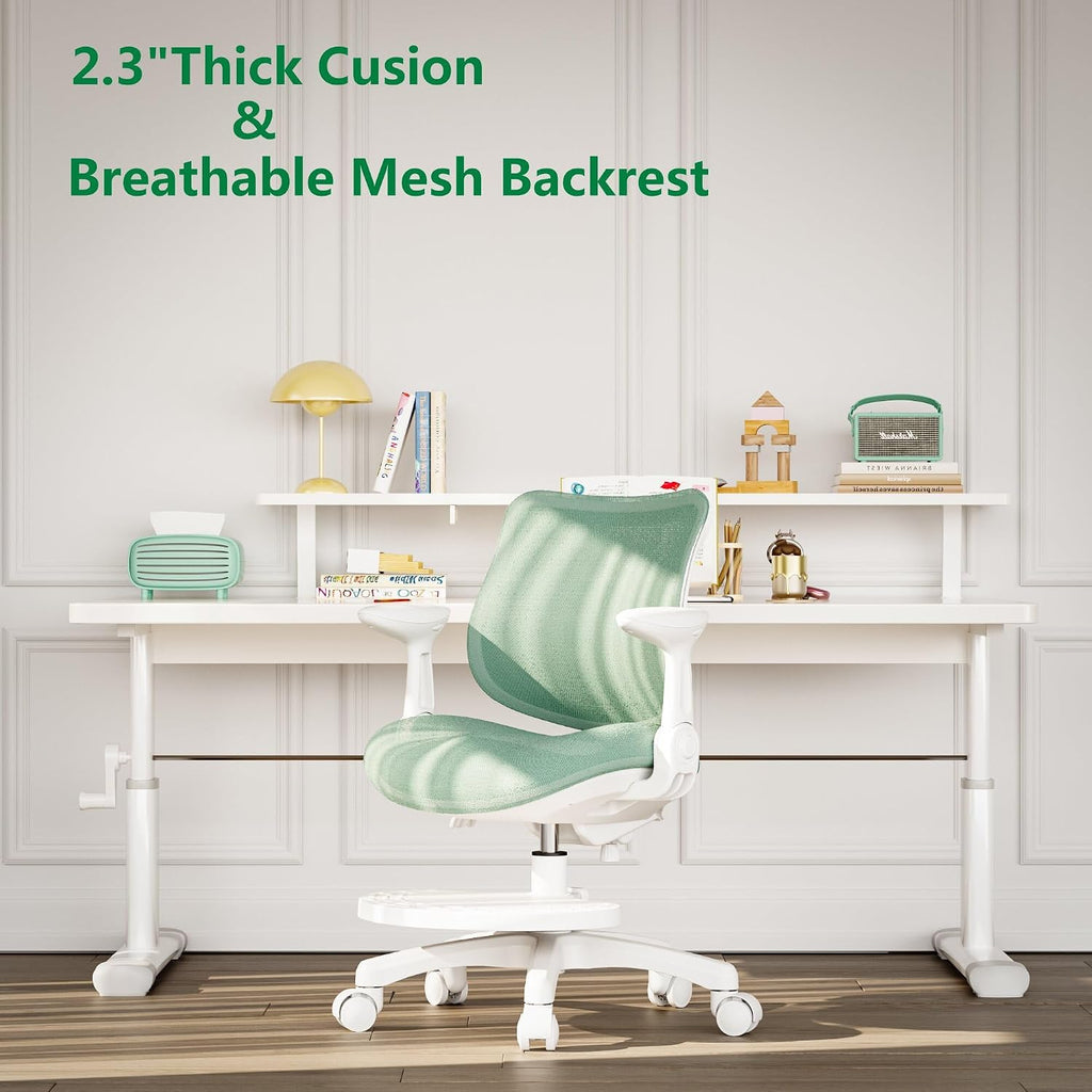 Desk Chair, Ergonomic Study Chair for Kids with Lumbar Support and Footrest, Adjustable Height, Flip-Up Armrests, Mesh Student Chair with Adjustable backrest, Model Deer (Mint)