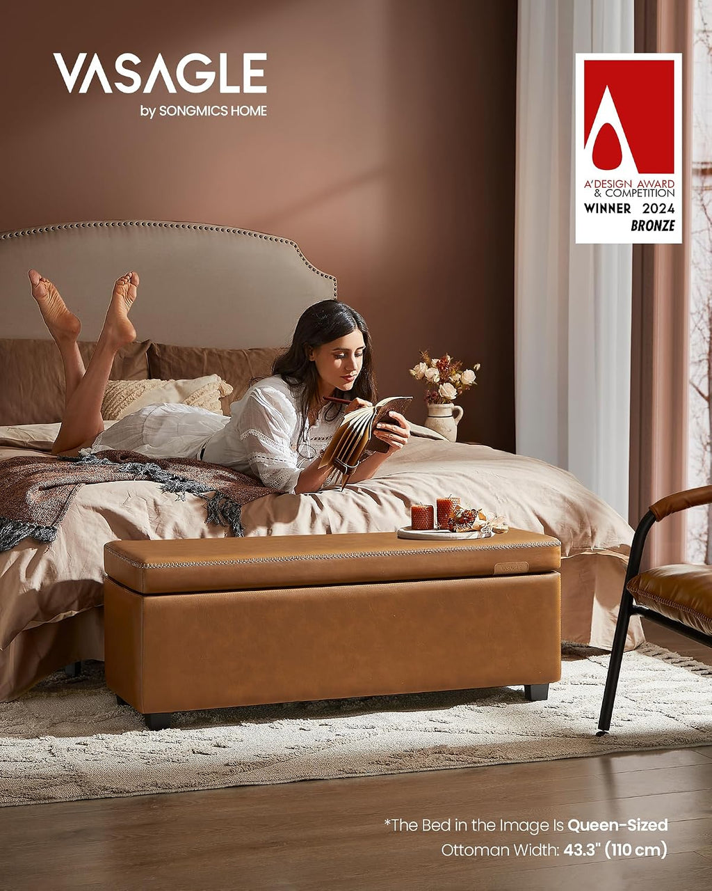 VASAGLE EKHO Collection - Storage Ottoman Bench, Entryway Bedroom Bench, 25 Gallons, Synthetic Leather with Stitching, Mid-Century Modern, Safety Hinges, Loads 660 lb, Caramel Brown ULOM075K01