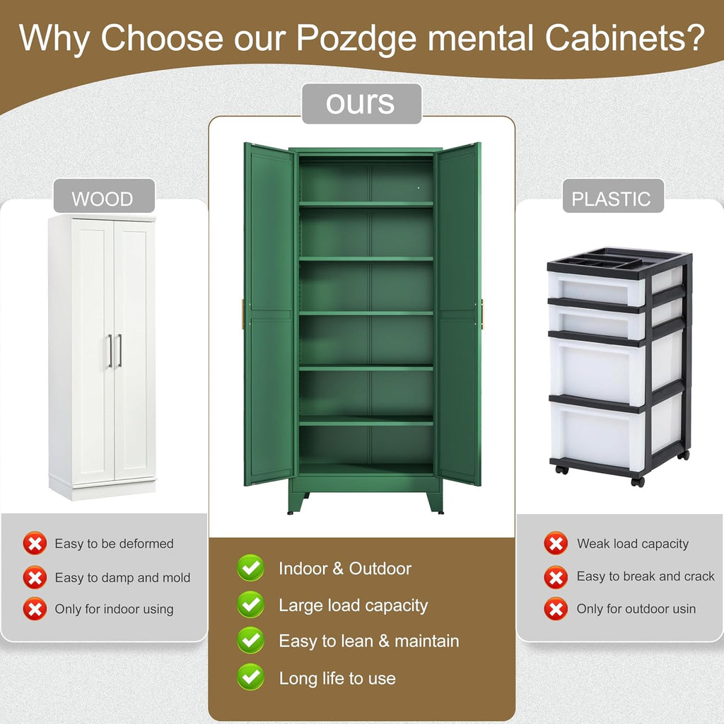 pozdeg 75' Tall Pantry Cabinet, Metal Kitchen Storage Cabinet with 2 Doors and 5 Adjustable Shelves, White Storage Cabinet Cupboard for Kitchen, Dining Room, Living Room and Bathroom (Green)