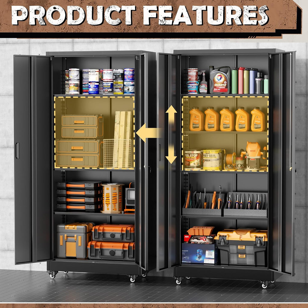 INTERGREAT73 Garage Storage Cabinet with Wheels, Rolling Metal Storage Cabinet with Locking Doors and 4 Adjustable Shelves,- 73' Steel Tool Cabinet for Home Office,Garage,Warehouse，Black