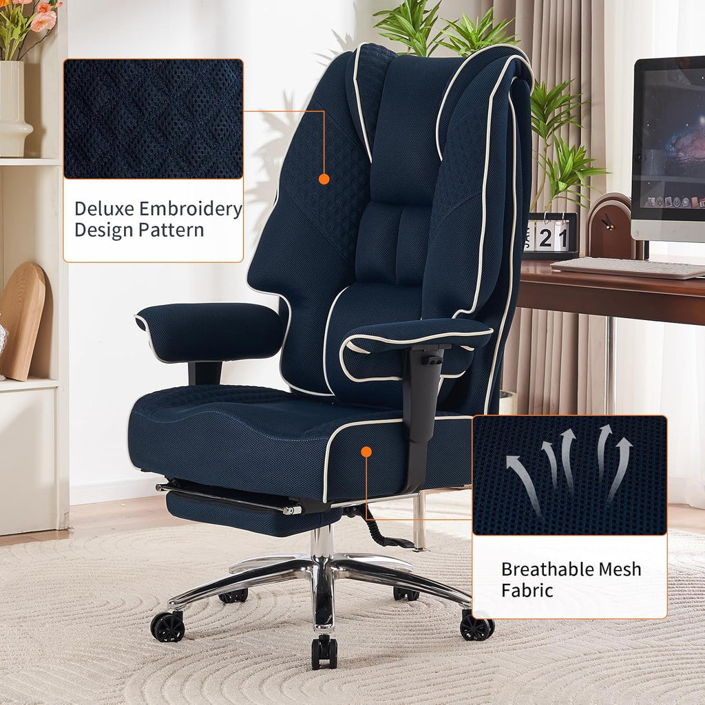EXCEBET Big and Tall Office Chair 400lbs Wide Seat, Leather High Back Executive Office Chair with Foot Rest, Ergonomic Chairs Lumbar Support for Lower Back Pain Relief (Mesh Dark Blue)