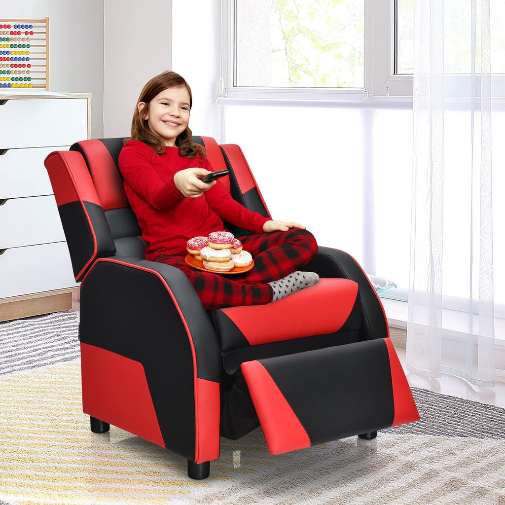 COSTWAY Kids Recliner Sofa, Toddler Leather Recliner with Adjustable Footrest & Headrest, Gaming Reclining Chair for Boys Girls Aged 3 Years Up, Kid-Sized Lounge Chair for Living Room (Red)