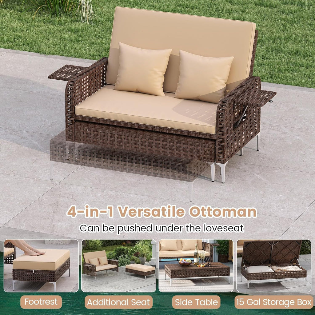 Tangkula Patio Rattan Daybed with 4-Level Adjustable Backrest, Boho Outdoor Wicker Loveseat & Storage Ottoman with Cushion, 2-Person Sun Lounger with Folding Tables for Poolside, Backyard & Garden