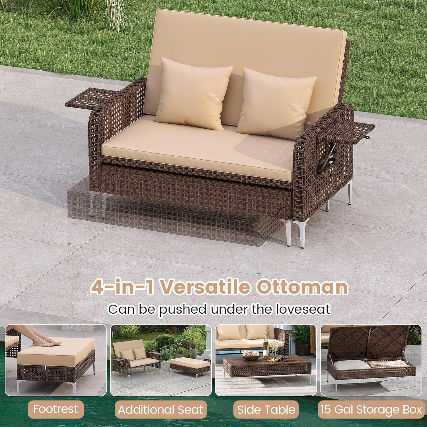 Tangkula Patio Rattan Daybed with 4-Level Adjustable Backrest, Boho Outdoor Wicker Loveseat & Storage Ottoman with Cushion, 2-Person Sun Lounger with Folding Tables for Poolside, Backyard & Garden