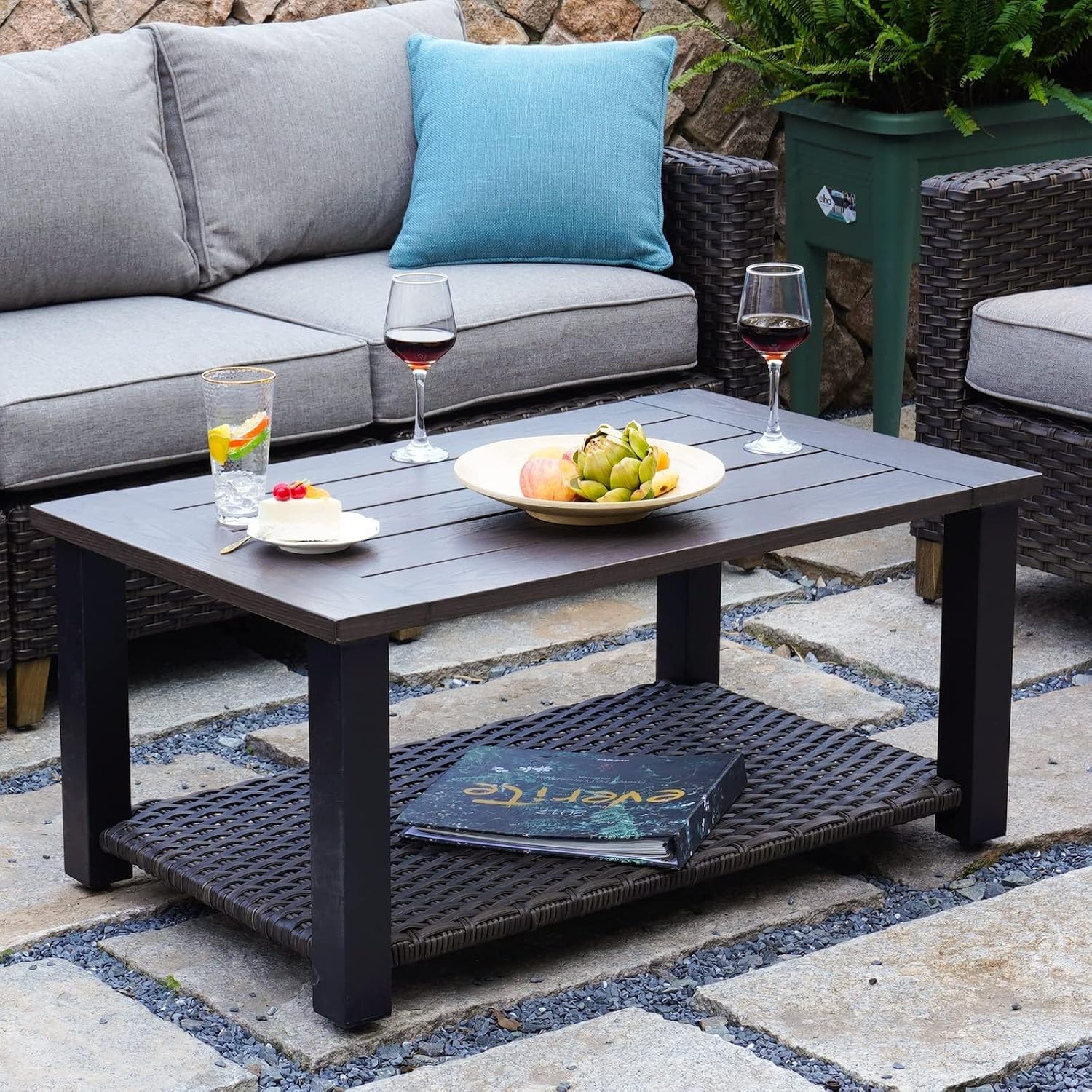 Grand patio Outdoor Coffee Table with Wicker Shelf Storage, 40-inch Rectangle Modern Patio Coffee Table with Faux Wood Tabletop, Fits with Outdoor Conversation Set