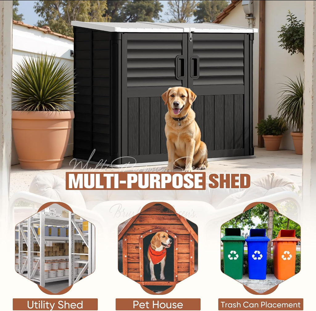 TUOZE 34 Cu Ft Resin Storage Shed with 2 Shelves, Waterproof Outdoor Storage Cabinet with Sloping Roof & Lockable Lid for Garden Tools, Trash Cans (Black)