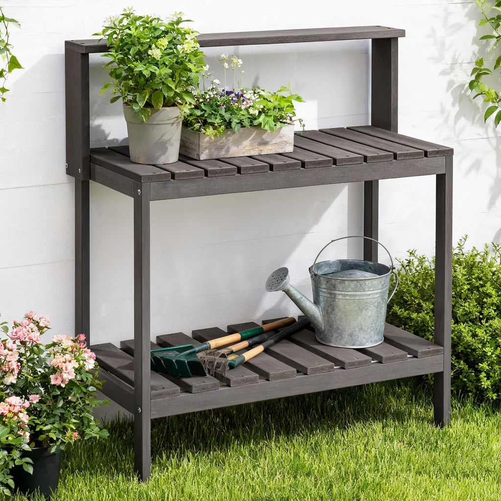 Psilvam Outdoor Potting Bench Table, HDPS Potting Bench with Storage, Outdoor Potting Table for Porch, No Rust, No Fade, Rot-Resistant (Grey)
