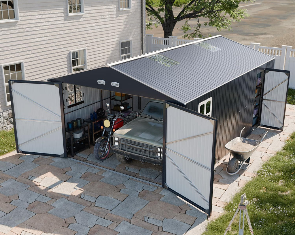 13x20 FT Metal Carport, Extra Large Storage Sheds Outdoor with Floor & 4 Windows, All-Weather Metal Garage Shed for Car, Truck, Bicycle and Garden Equipment, Blue Black