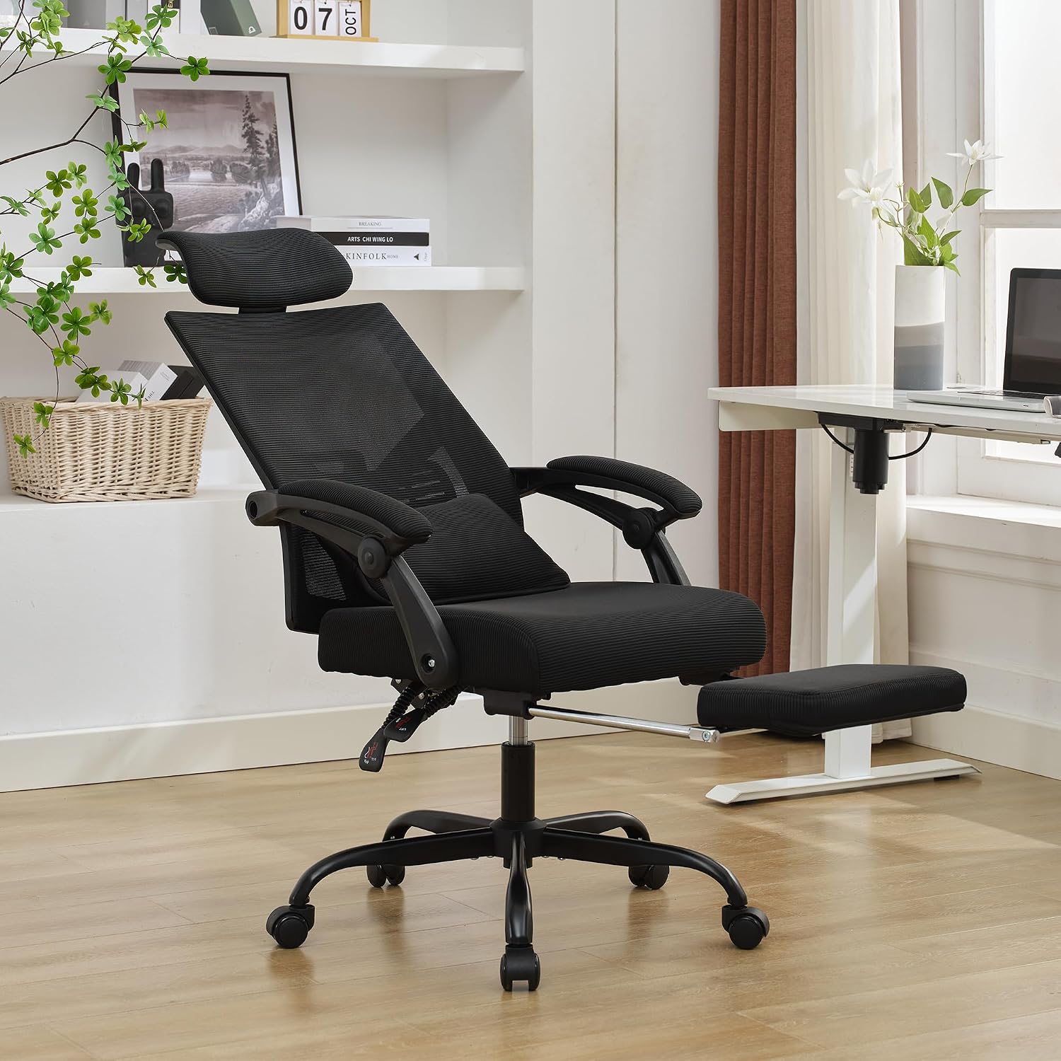 Qulomvs Ergonomic Office Chair with Footrest Home Office Desk Chair with Headrest and Backrest Adjustable Mesh Computer Desk Chair with Wheels 360 Swivel Task Chair