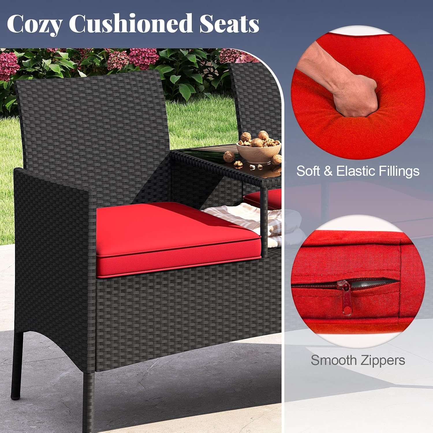 Tangkula Patio Loveseat with Built-in Table, Wicker 2-Seat Furniture with Soft Cushions & Tempered Glass Tabletop, Metal Frame Outdoor Conversation Seating Bench for Backyard, Porch