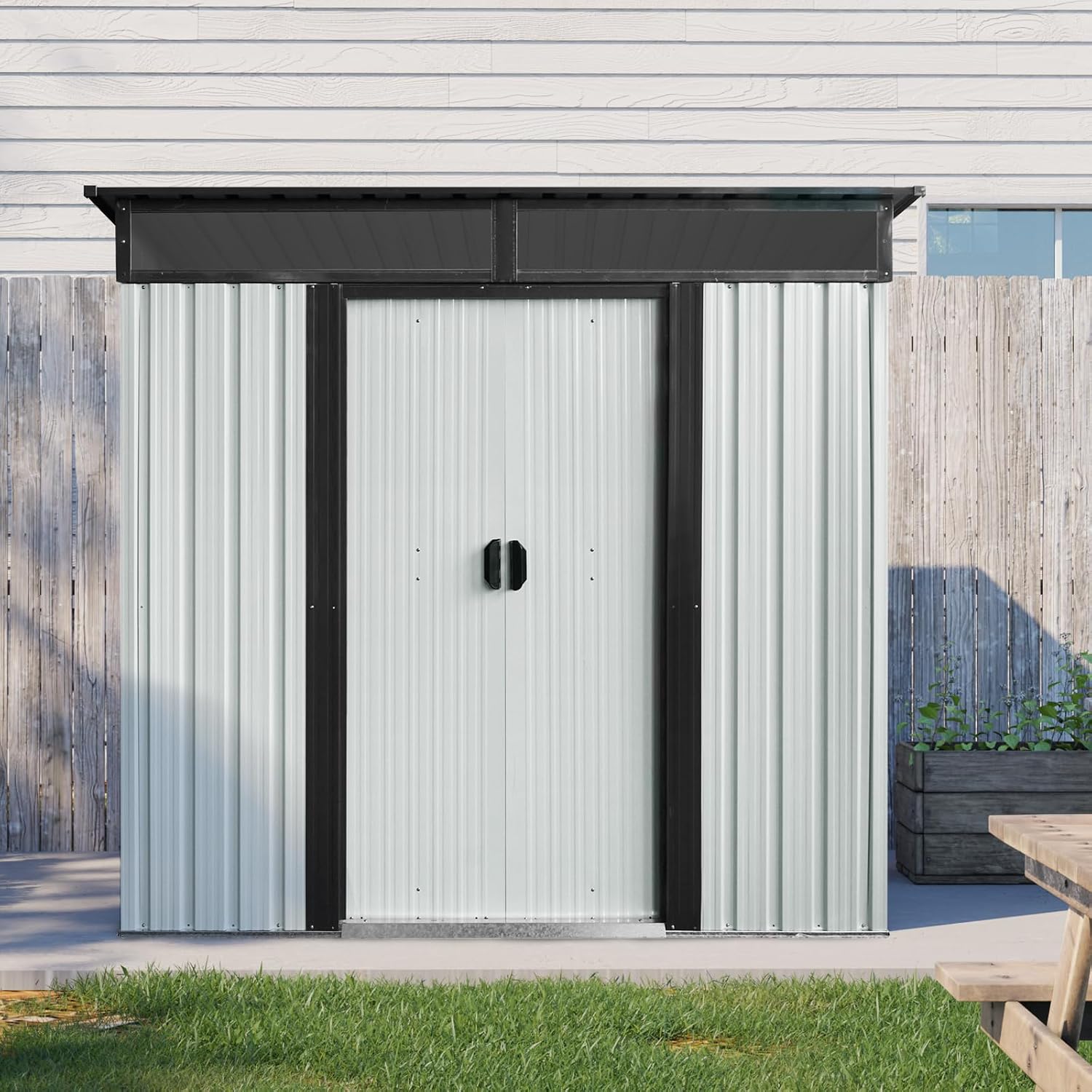 JT 6X4.5FT Outdoor Storage Shed, Galvanized Metal Garden Shed with Window and Metal Foundation, Tool Storage Shed for Patio Lawn Backyard (White-Black-6ft x 4.5ft)