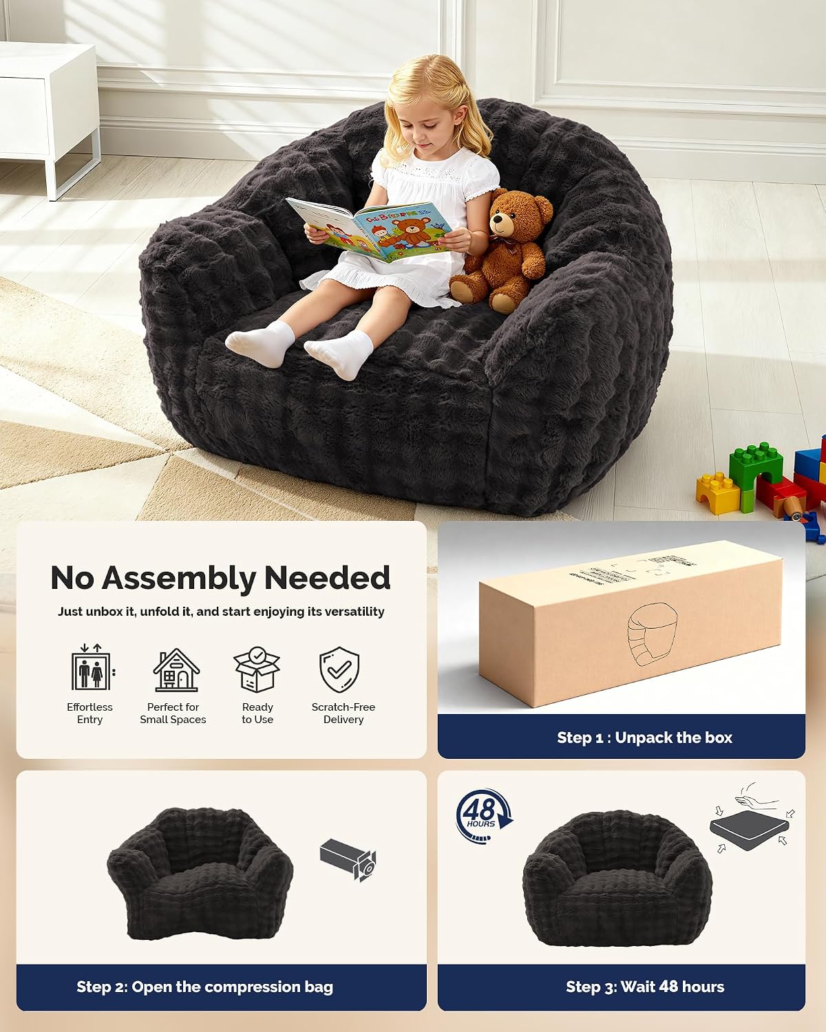 KINGYES Giant Bean Bag Chair, Fluffy Bean Bag Chair with Armrest, Memory Foam Beanbag for Adults, Dark Gray(Pillow not Included)