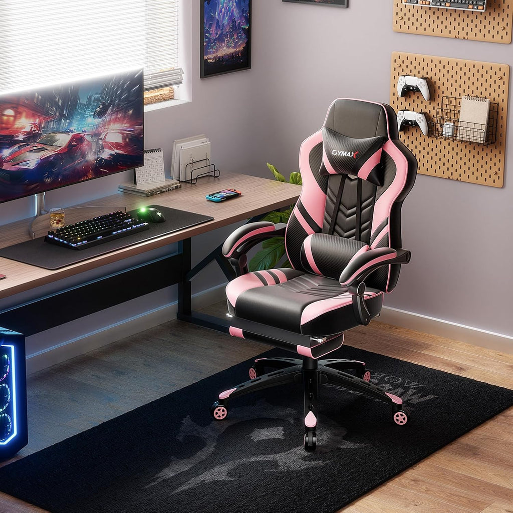 POWERSTONE Gaming Chair Video Game Chair with Footrest and Lumbar Support Racing Style PU Leather Computer Chair Ergonomic Adjustable Swivel Task Chair Pink