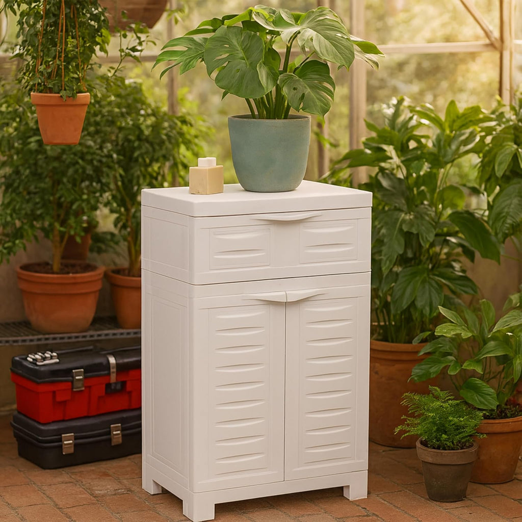 Sunnydaze 34.5' H Resin Garage Storage Cabinet - Garage Cabinet with Adjustable Shelf - Freestanding Utility Storage for Laundry Room, Office, Basement - Speckled White