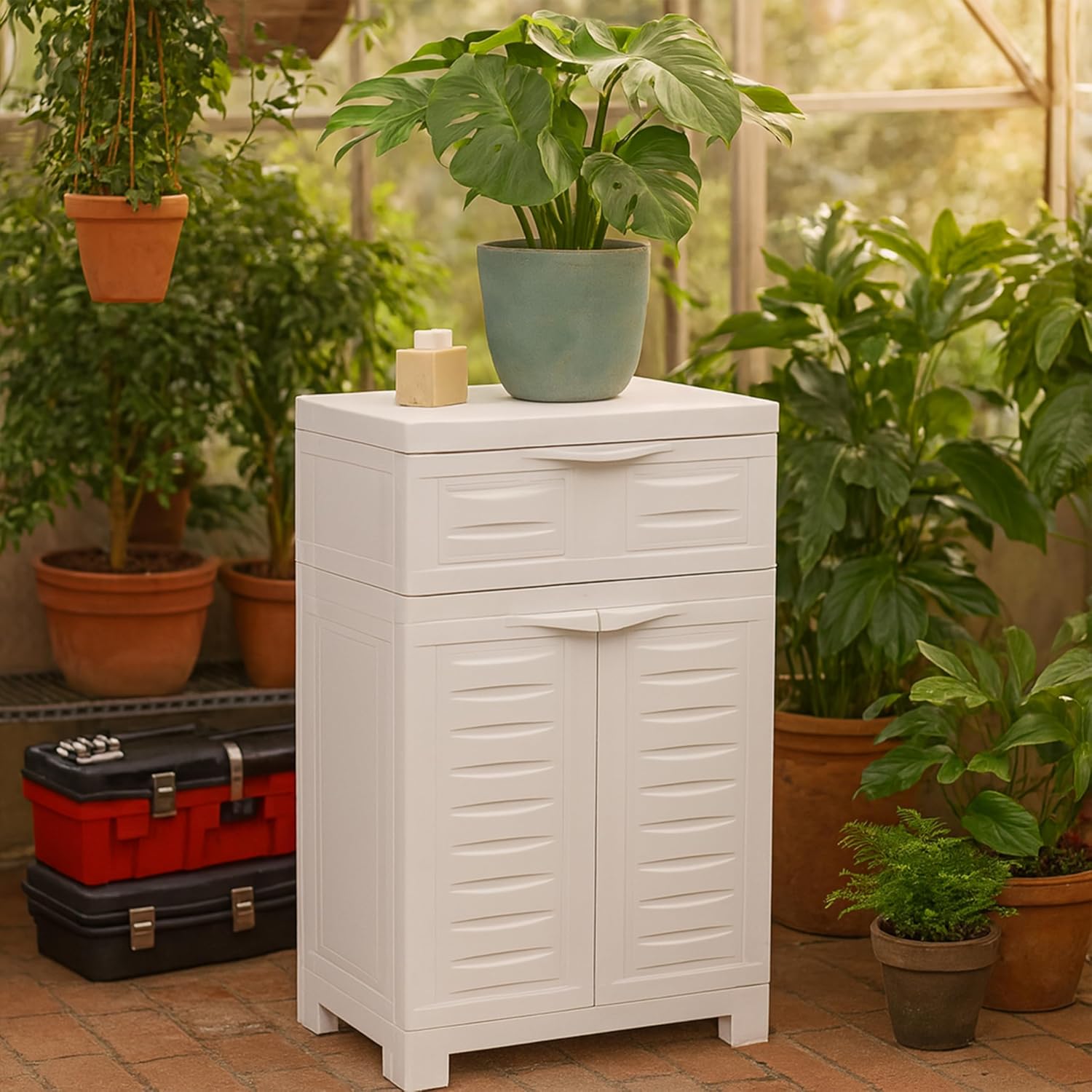 Sunnydaze 34.5' H Resin Garage Storage Cabinet - Garage Cabinet with Adjustable Shelf - Freestanding Utility Storage for Laundry Room, Office, Basement - Speckled White