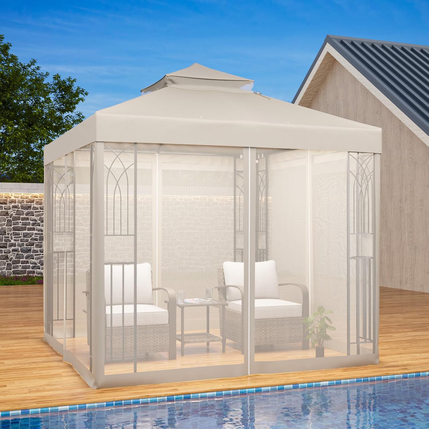 EAGLE PEAK 8x8 Patio Gazebo with Mesh Netting, Double Roof Outdoor Pavilion with Corner Shelves for Lawn, Deck, Garden and Backyard, Beige