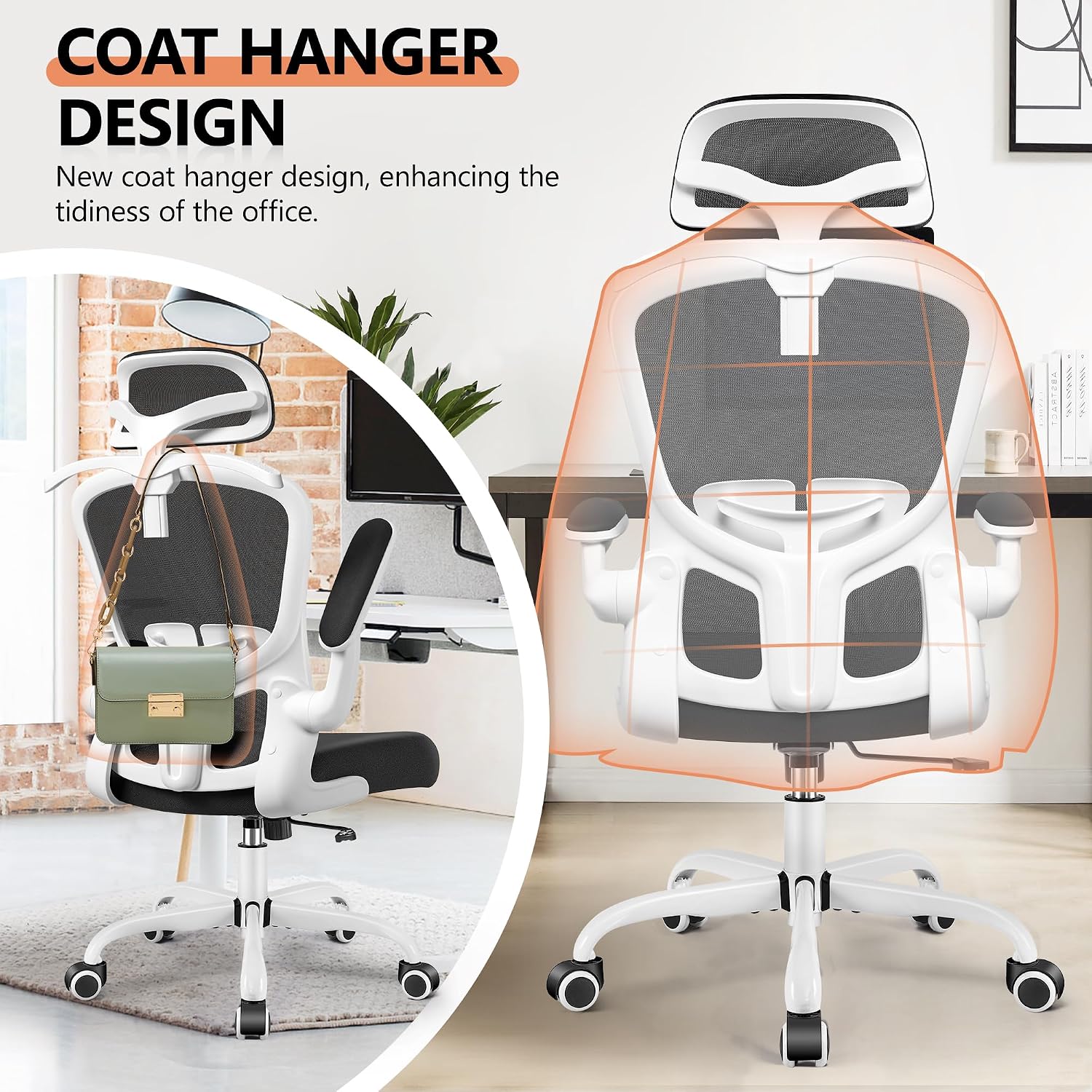 FelixKing Office Chair with Headrest, Ergonomic Desk Chair with Wheels, Task Swivel Comfy Chair with Adjustable Lumbar Support, Breathable Mesh Computer Chair with flip-up Armrests (White)