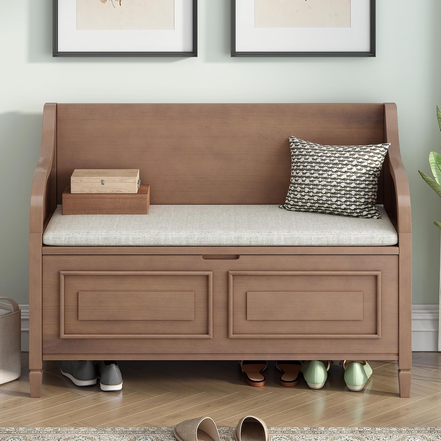 Bellemave Storage Bench with Safety Hinge Wooden Entryway Benches with Shoe Cabinets Under Seat Multifunctional Storage Bench for Entryway, Foyer or a Mudroom (Brown + Beige)