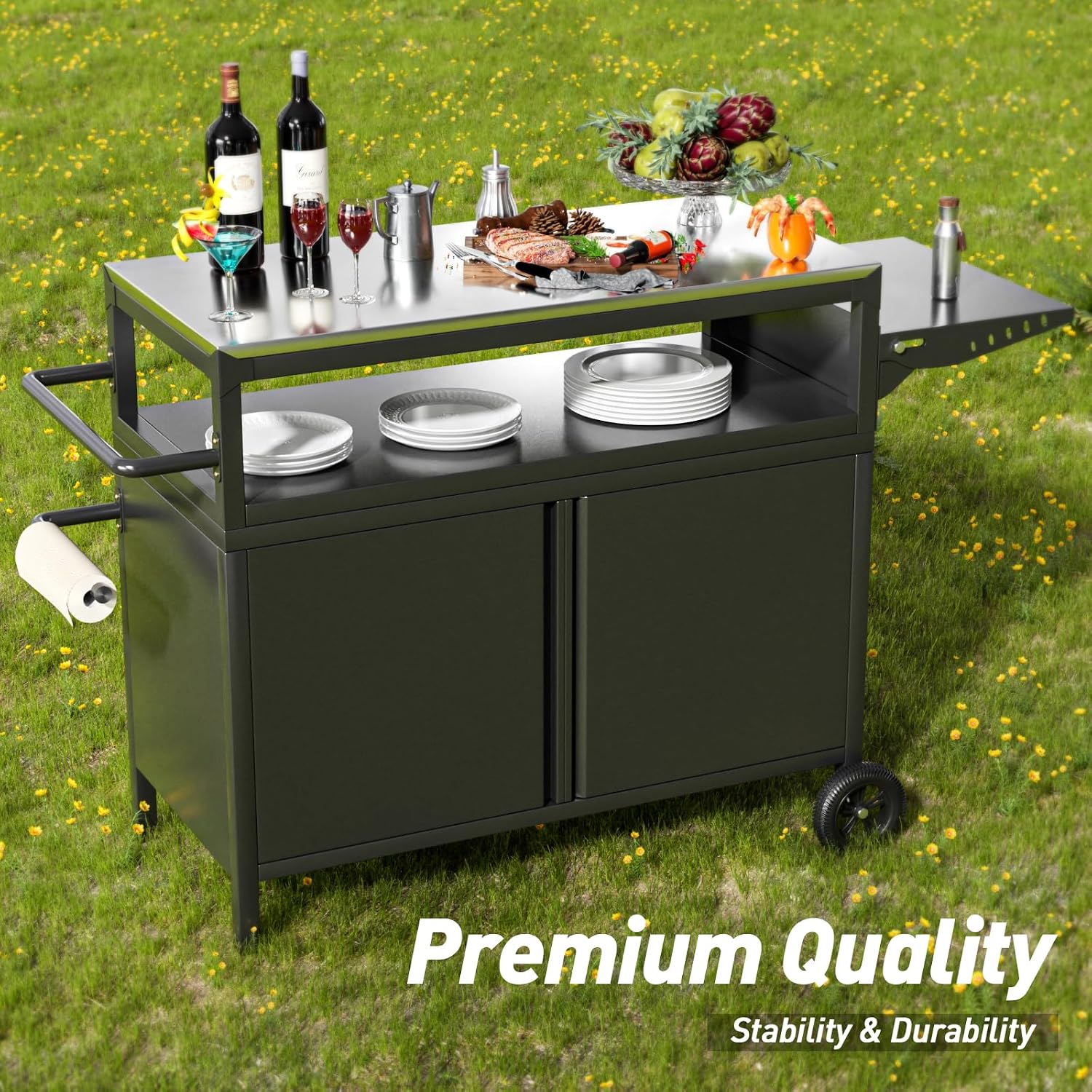 Outdoor Grill Table with Storage, Movable Outdoor Grill Cart, Stainless-Steel Tabletop Outdoor Kitchen Island, Patio Kitchen Island BBQ Cart with Wheels for Home BBQ Backyard Party