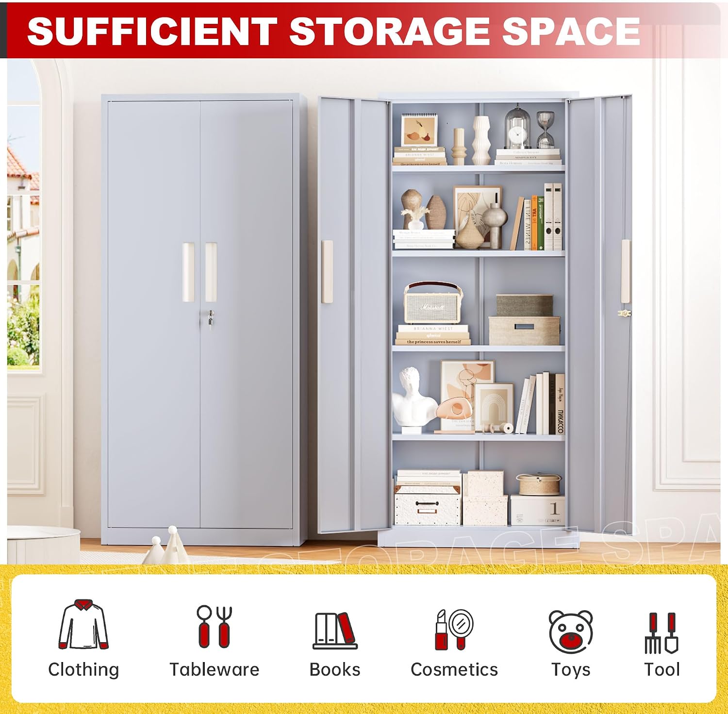Superday 63' Lockable Steel Storage Cabinet, Locking Metal Storage Cabinets, Tall Grey Cabinet with 2 Doors and 4 Adjustable Shelves for Garage, Home Office, Classroom, Pantry, File