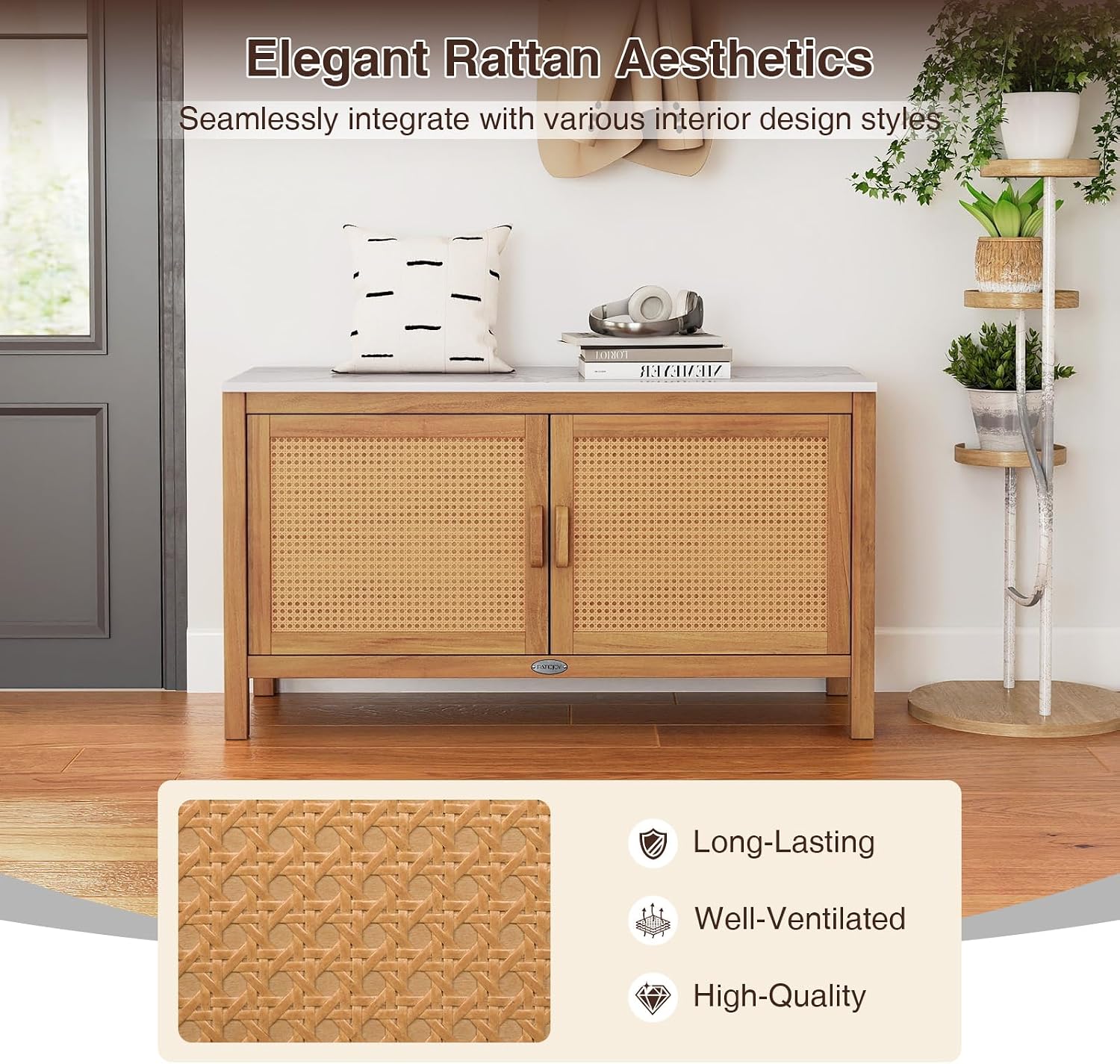 Goplus Outdoor Console Table, Acacia Wood Patio Storage Cabinet with Fax Marble Top, Rattan Doors, Inner Shelves & Hidden Compartment, Outdoor Sideboard for Patio (Rattan Door)