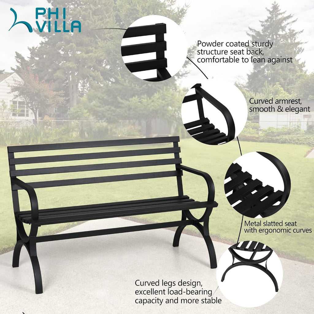PHI VILLA Outdoor Garden Bench, 48' Long Metal Steel Bench with Backrest and Armrests, Modern Slatted Design for Patio, Lawn, Yard, Porch - Black