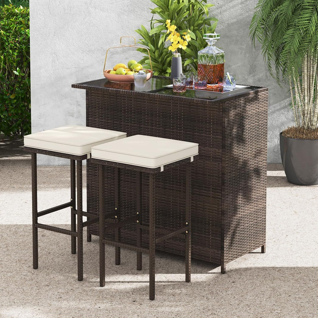 Tangkula Patio Bar Set, 3 Piece Outdoor Rattan Wicker Bar Set with 2 Cushions Stools & Glass Top Table, Outdoor Furniture Set for Patios Backyards Porches Gardens Poolside (Beige)