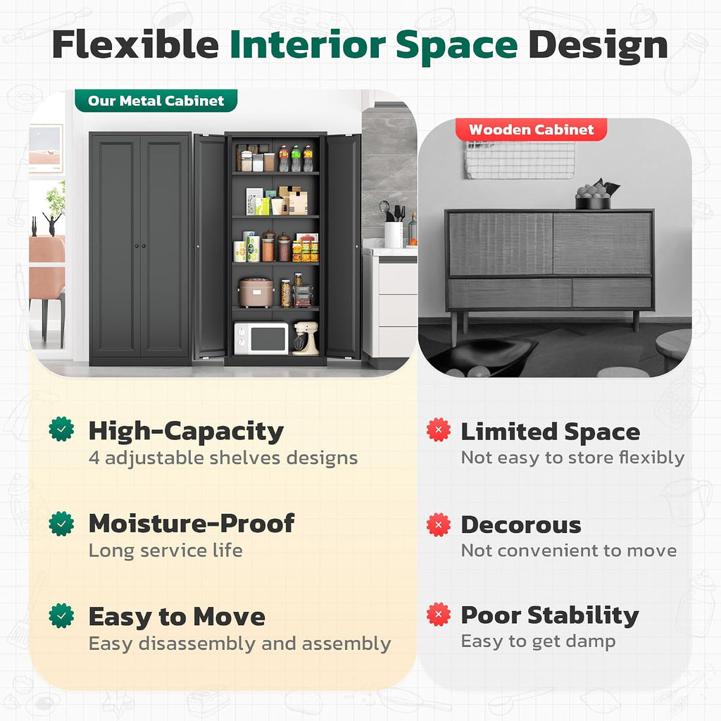 Greenvelly 63' H Black Metal Pantry Storage Cabinet, Locking Metal Cabinet with 4 Adjustable Shelves and 2 Doors for Kitchen, Home, Garage, Pantry