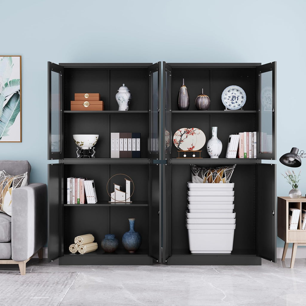 Metal Storage Cabinet with Glass Doors, Lockable Office Storage Cabinet, 71' Tall Display Case with Adjustable Shelves for Home Office,School and Hospital (Black)