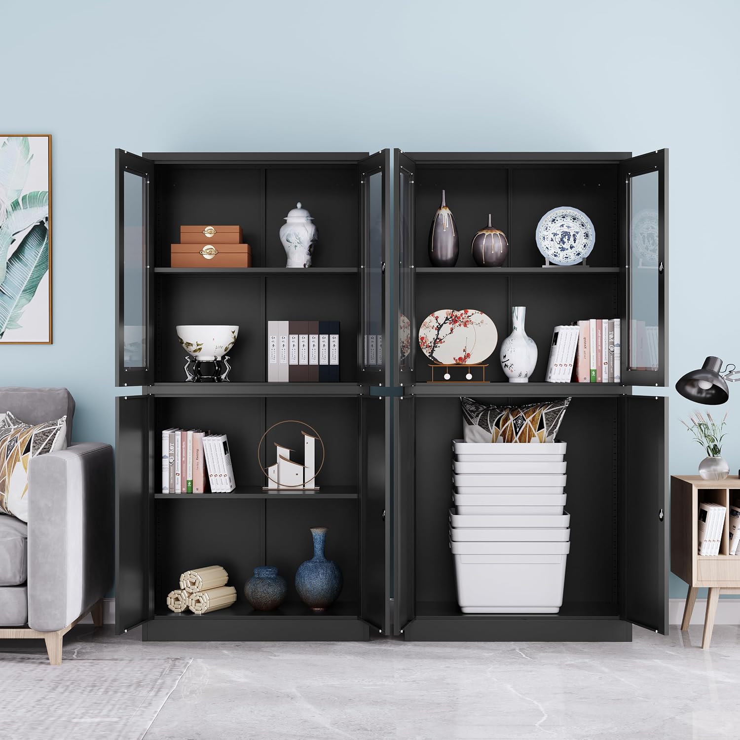 Metal Storage Cabinet with Glass Doors, Lockable Office Storage Cabinet, 71' Tall Display Case with Adjustable Shelves for Home Office,School and Hospital (Black)